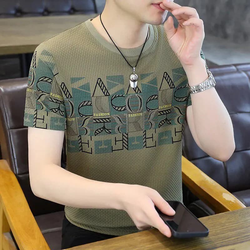 Men's Short Sleeve T-Shirt Summer Thin Casual Sport Print Top Polyester Fiber round Neck Regular Length Loose Fit Youth Popular