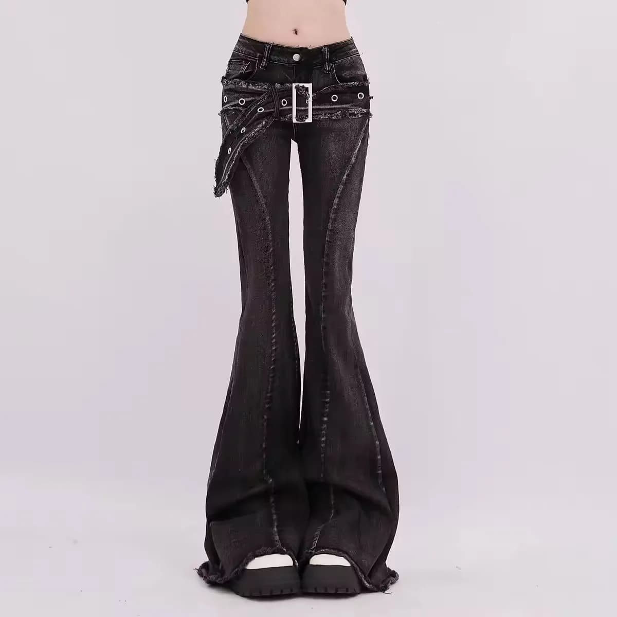 Y2K Pants High Waist Straight American Street Trousers Vintage Slim Micro-flare Jeans Women Ins Fashionable Splicing Belt Edge