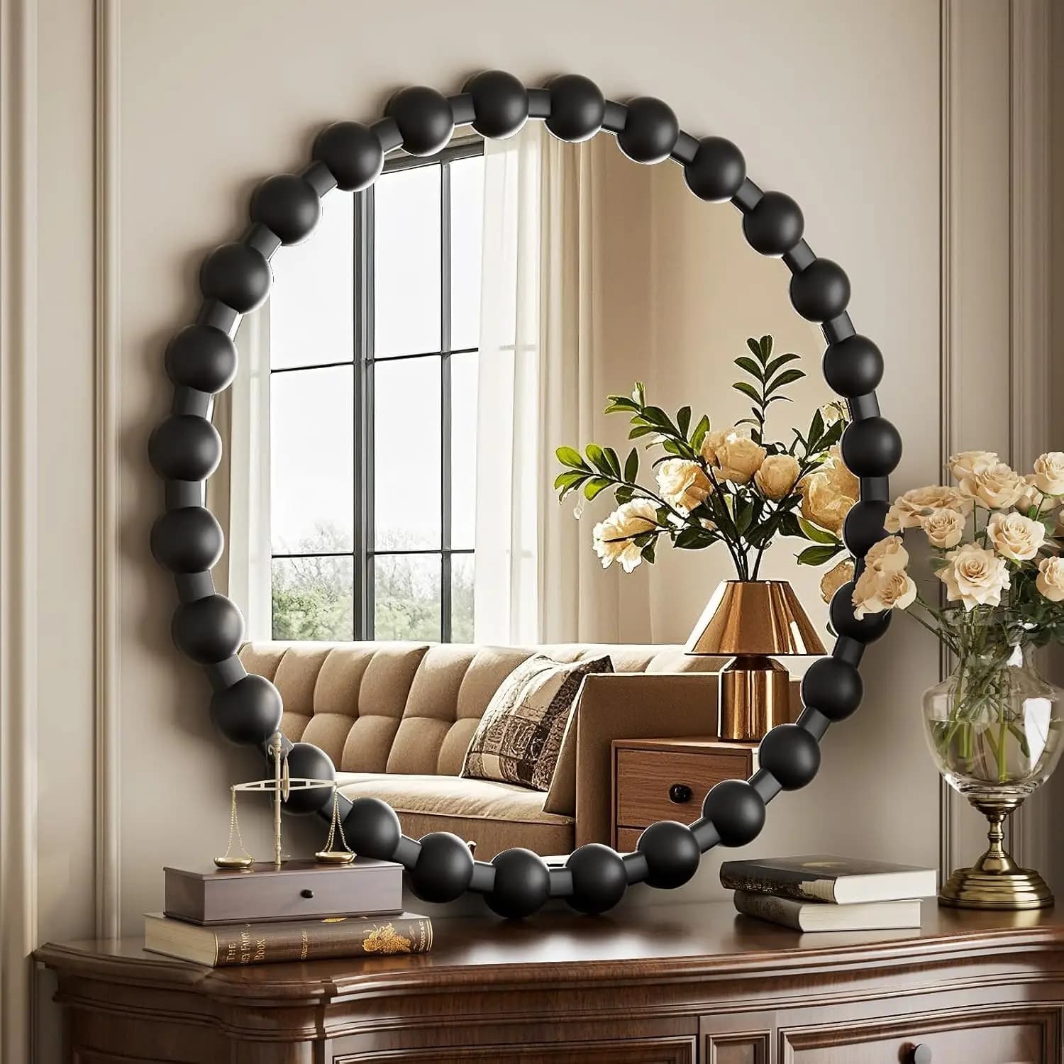 Specchio da parete rotondo da 24 pollici con cornice nera con perline, lente HD per bagno, soggiorno, decorazione della camera da letto