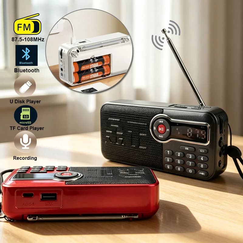 Mini Portable FM Radio Wireless Bluetooth Speaker LED Flashlight Support Recording TF USB Timed off HD Digital Screen Rechargble