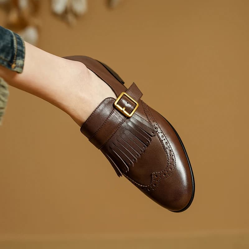 Woman Flats Spring Trend Buckle Loafers Real Leather Round Toe Women Brogue Shoes Slip-On Fringe Loafers Handmade Vintage Shoes
