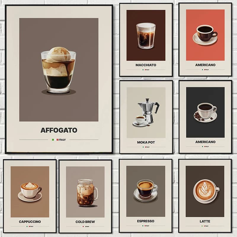 (1pc frameless)Minimalist Coffee Latte Cappuccino Mocha Coffee Canvas Print Coffee Shop Wall Art Poster Living Room Office Ki
