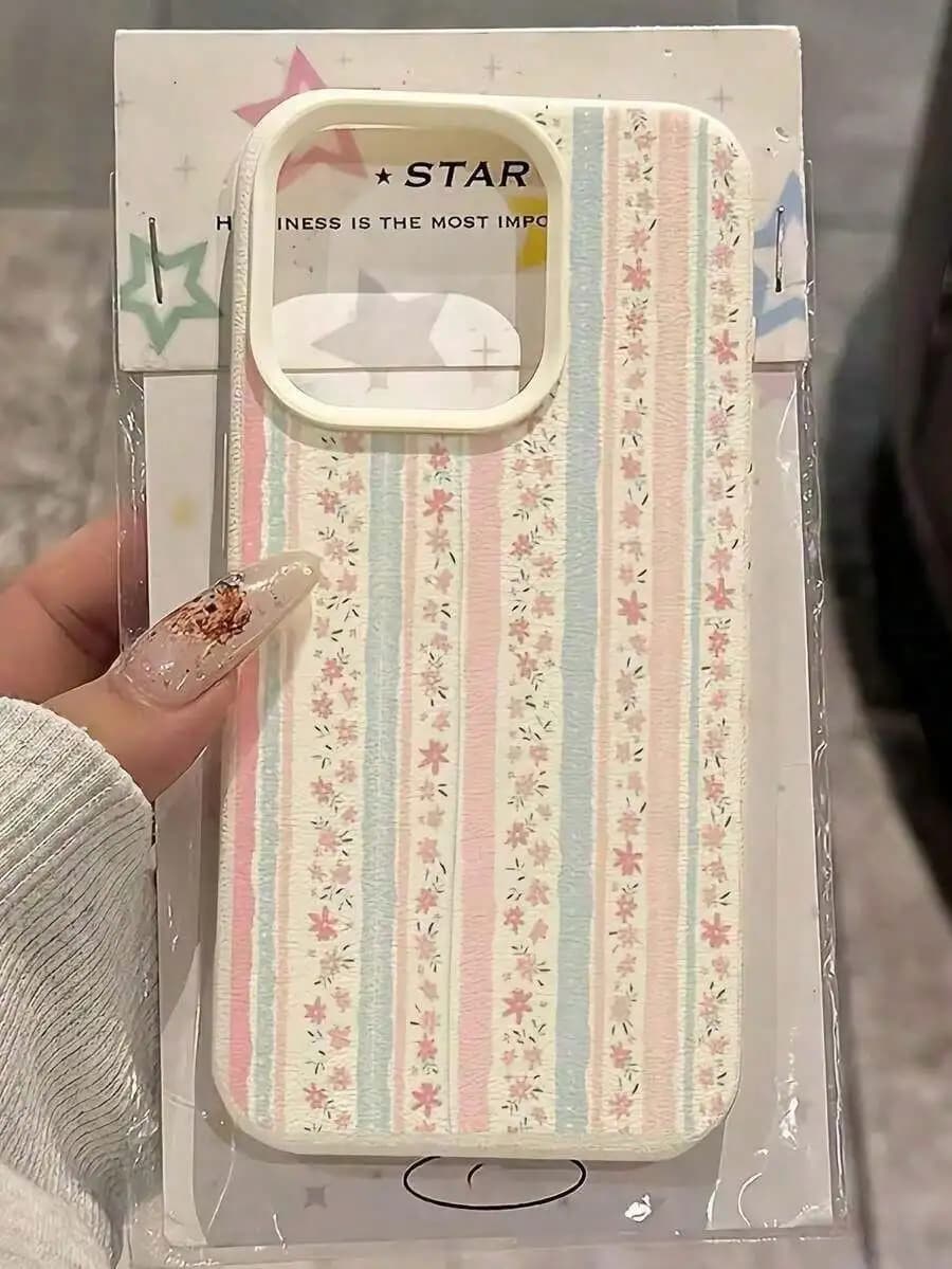 White Floral Blue & Pink Striped Phone Case For iPhone 17 Pro Max Air X XR XS Max 7 8Plus 16 15 14 13 12 11 Trend Back Cover Y2K