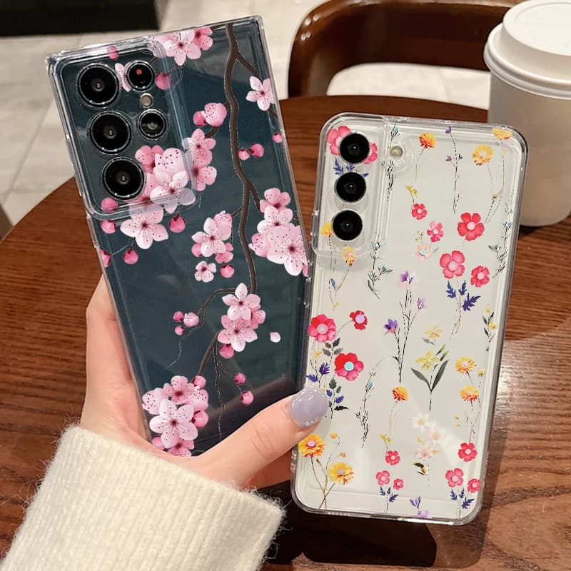 Cover Morbida in Silicone Trasparente con Motivo Fiori di Pesco per Samsung Galaxy S26 S25 S24 S23 S22 Ultra Plus S25 Edge S24 S23 FE