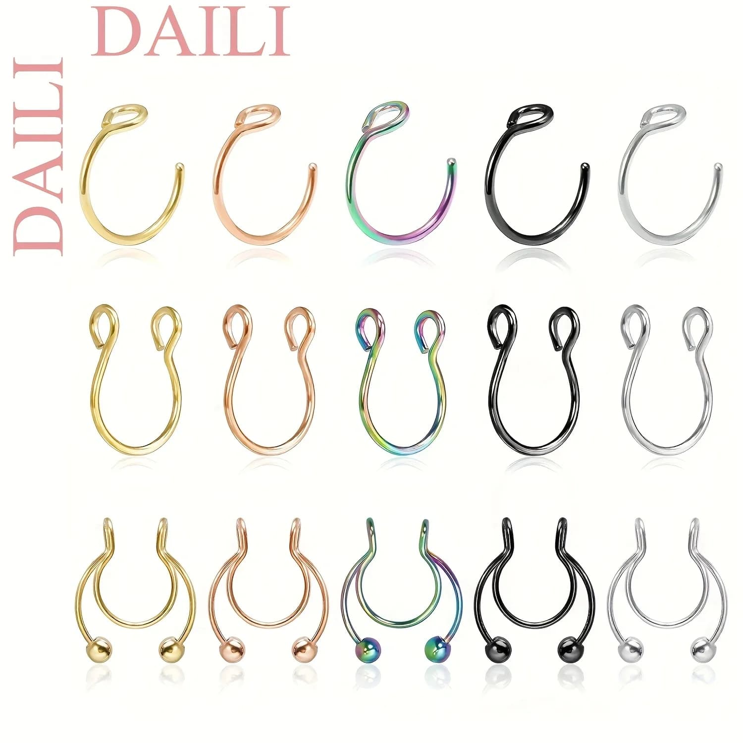 Set da 15 Anelli Finti in Acciaio Inossidabile per Naso, Orecchio, Sopracciglio, Labbro, Helix, Trago, Septum, per Uomo e Donna