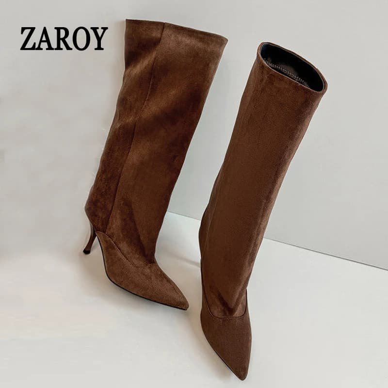 ZAROY Knee High Women Boots Winter Warm Snow Boots Sexy Thin High Heel Point Toe Suede Long Boots Brand Designer Banquet Booties