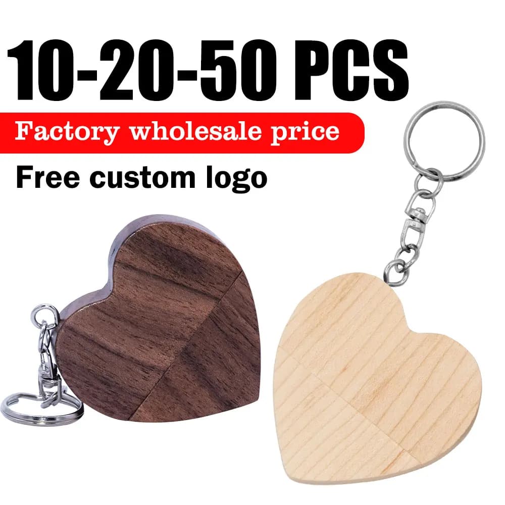 10/20/50 PZ/LOTTO Chiavetta USB a Forma di Cuore in Legno 128 GB Chiavetta in Legno di Noce con Portachiavi 64 GB 8 GB Regalo di Nozze Logo Libero