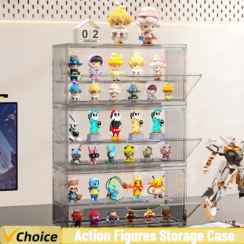 Stackable Dust-Proof Action Figure Display Box Transparent Organizer with Dividers for Collectibles Blind Boxes and Figurines