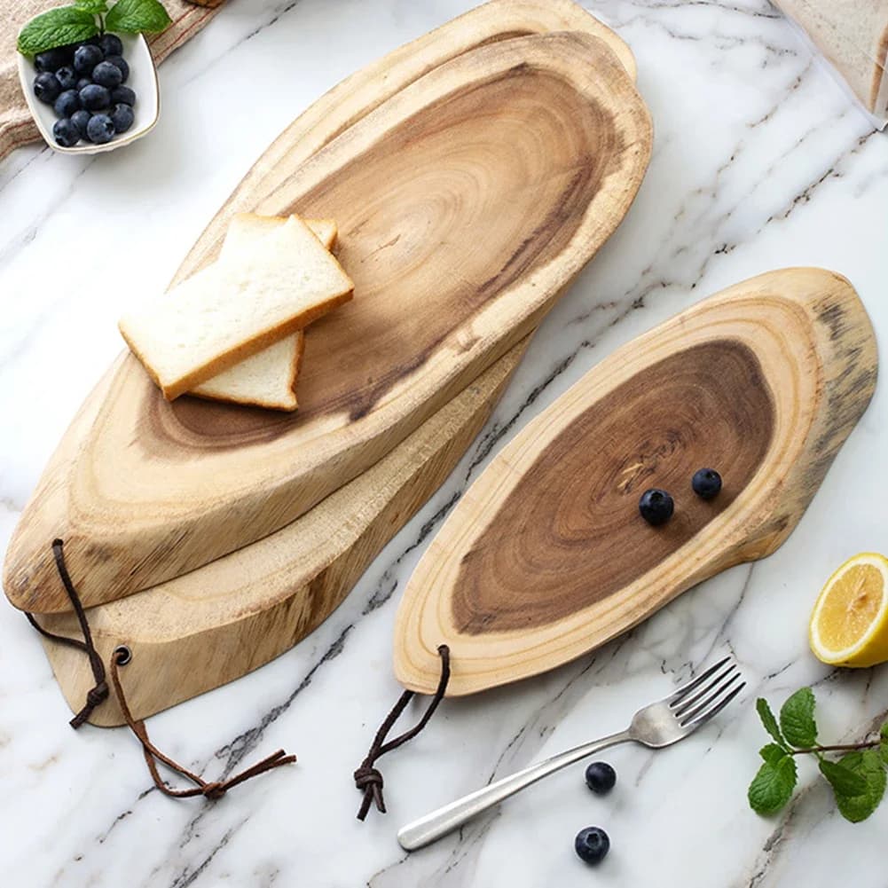 Acacia wood cutter to cut, slice and serve Irregular rectangular design for outdoor and indoor use
