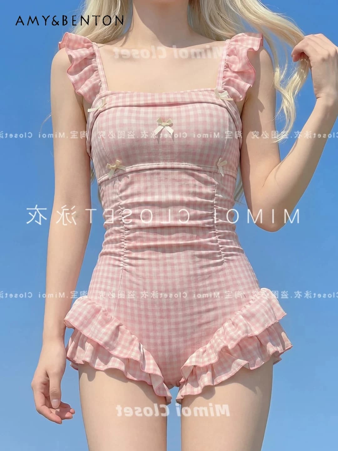 Nuovo Costume da Bagno Intero Estivo da Donna, Rosa a Quadretti, con Fiocco, Elegante e Versatile, Modello Slim a Triangolo, per Ragazze e Studentesse