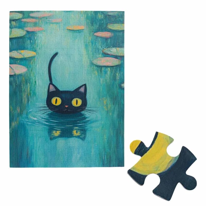 Puzzle da 500 pezzi per adulti - Gatto nero in gigli d'acqua, puzzle stravagante di arte impressionistica