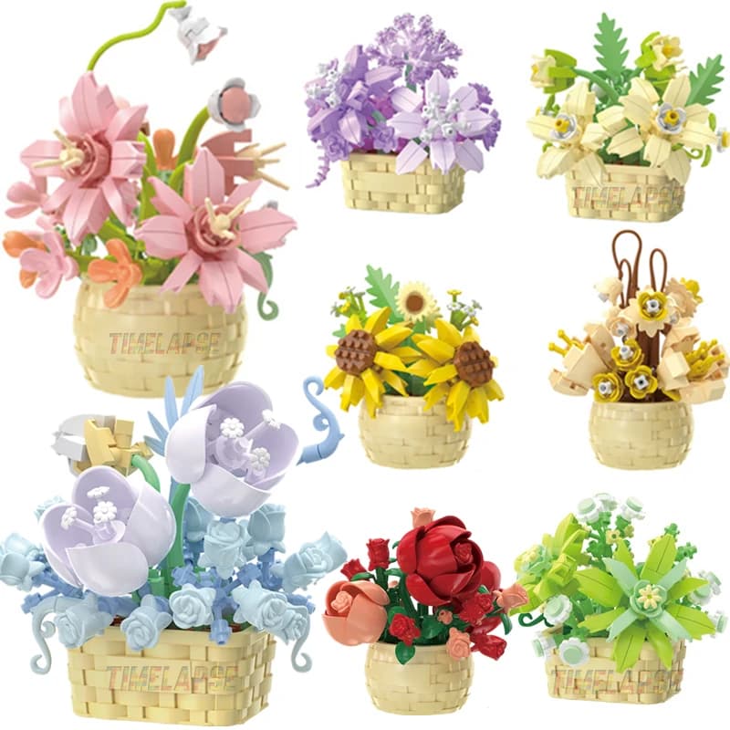 FAI DA TE MOC in Rose Vase Sunflower Plants Bonsai Gardens Romantic Building Blocks Model Children's Bricks Set Kit Toys
