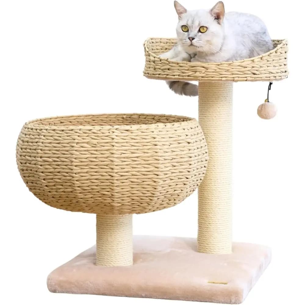 Cesto Letto in Corda di Carta Riciclata 23 High, Tiragraffi in Sisal, Giocattolo Interattivo, Cuscino Lavabile per Gatti da Interno (Beige)