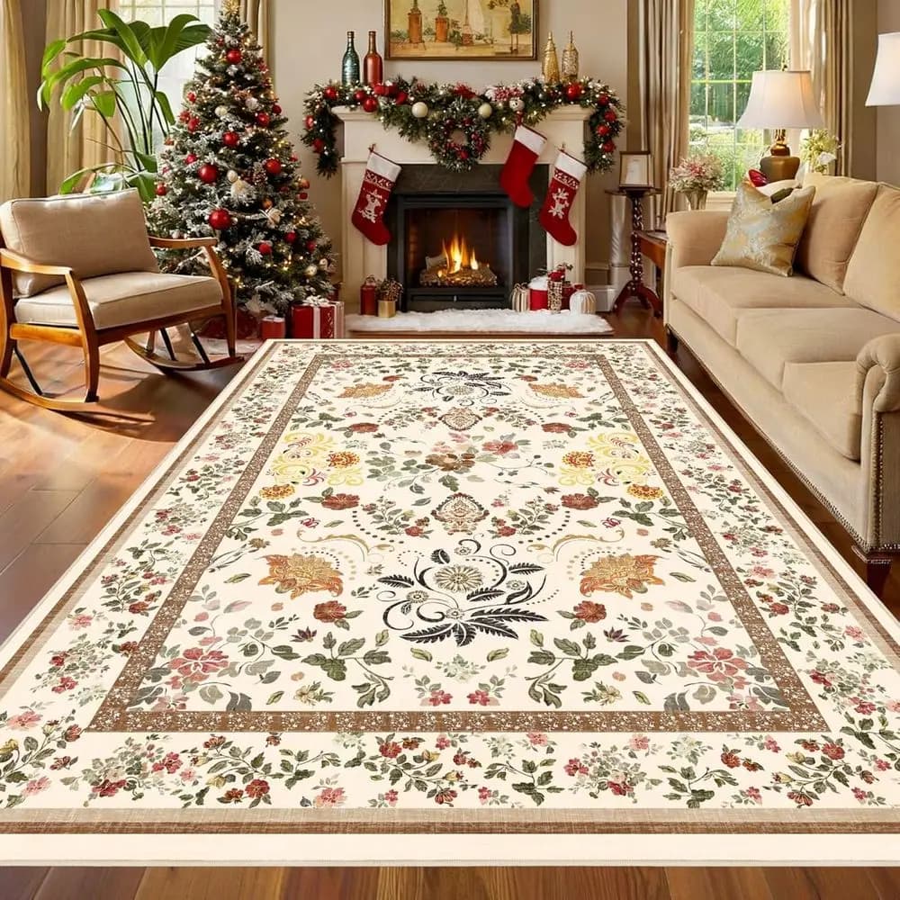 Tappeto floreale Boho vintage 5x7 - Tappeto lavabile e antiscivolo per spazi abitativi, camere da letto, aree sala da pranzo e sale giochi