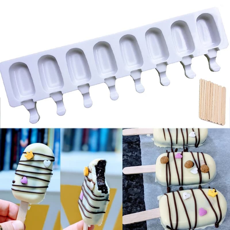 Stampo per gelato in silicone per uso alimentare a 4/8 fori Stampo per ghiaccioli per cubetti di ghiaccio con bastoncini Dessert Stampo per torta Magnum fai da te Gelatiera