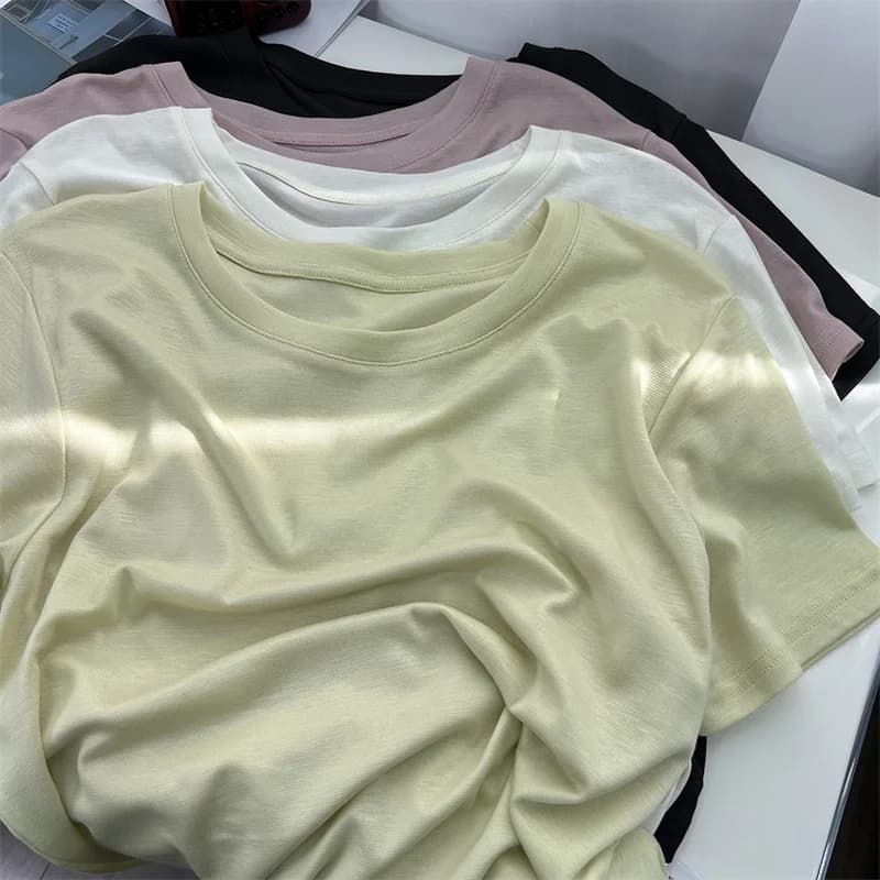 Cool Sensation Light Soft Short Sleeve round Neck T-Shirt Women Summer Loose Pure Color Face Mask Top Ice Silk Lyocell Material
