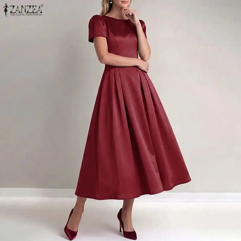 2026 ZANZEA Luxury Evening Gown Stylish Elegant Party Dress Women Short Sleeve A Line Satin Sundress High Waist Solid Color Robe