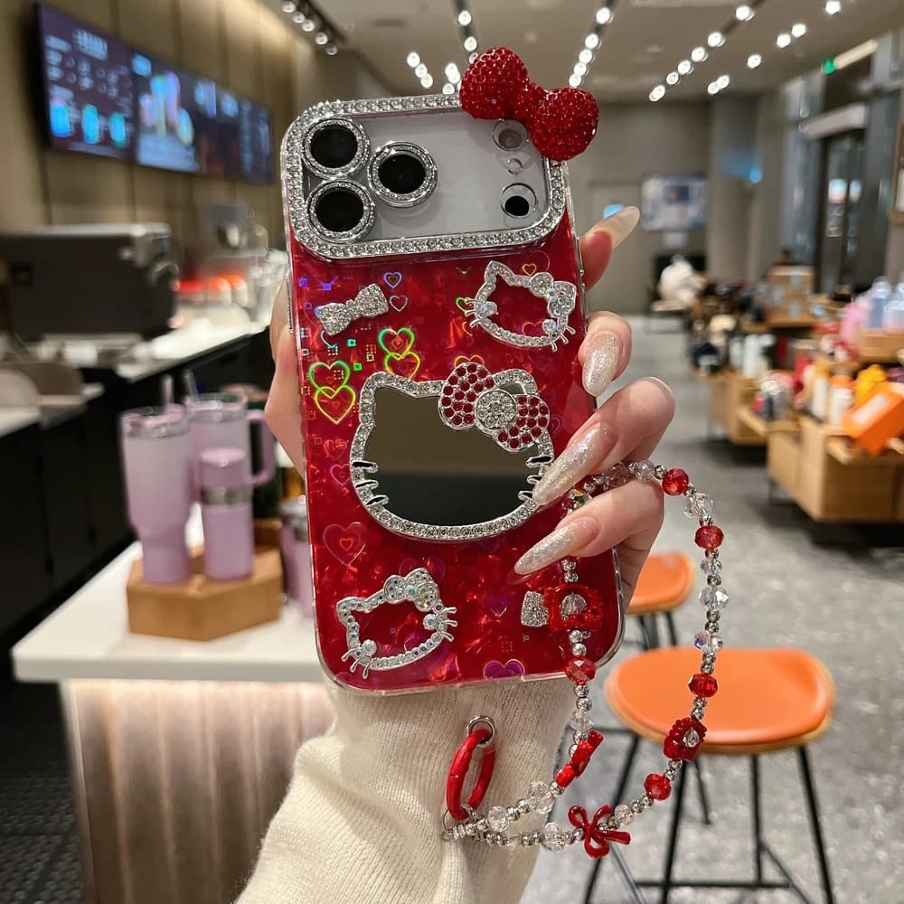 Custodia per telefono con specchio e glitter Bling per iPhone 17 16 15 14 13 12 11 Pro Max, cover rigida 3D con simpatico cartone animato Sanrio Hello Kitty