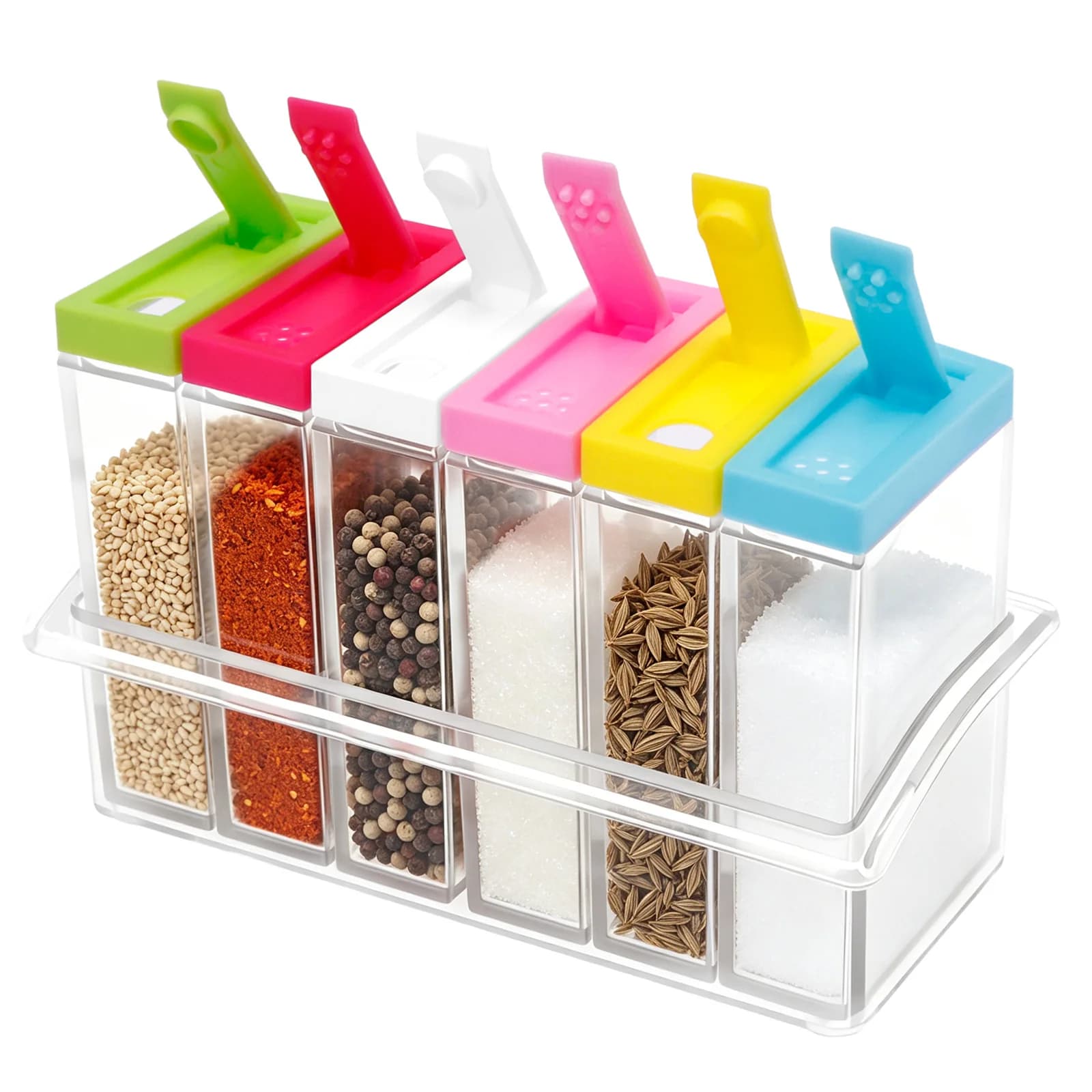 Set di 6 barattoli per spezie trasparenti con vassoio portaoggetti, contenitori multiuso per sale ed erbe aromatiche