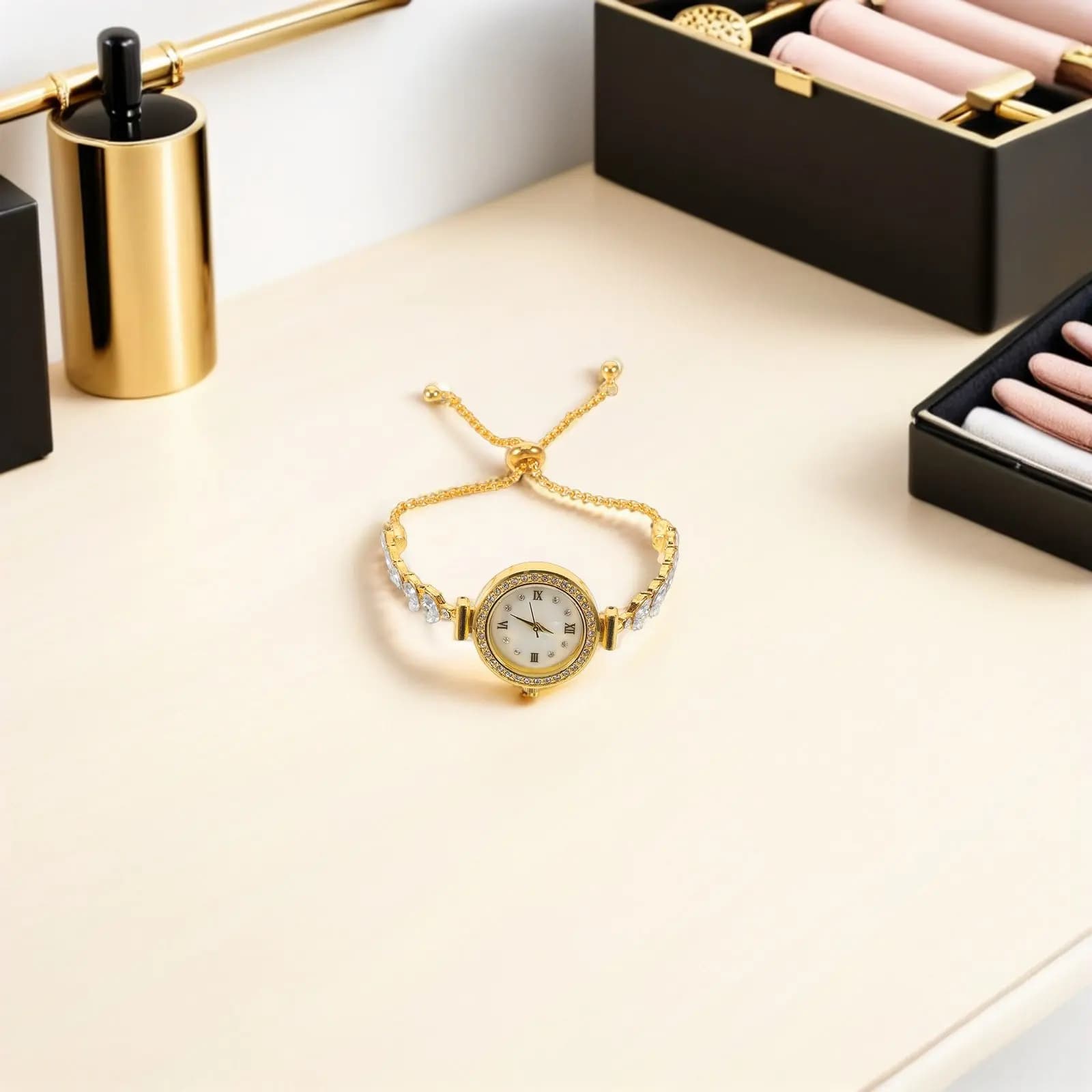 Gold Rhinestone Bangle Watch for Women Analog Quartz Movement Round Dial Slim Elastic Band Dress Wristwatch Elegant Party