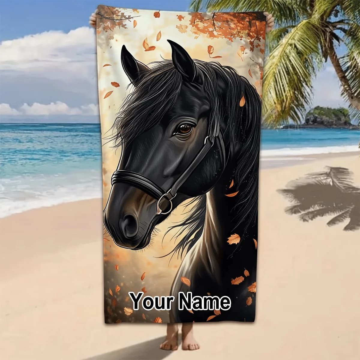 1 telo mare personalizzato con testo personalizzabile, telo mare a tema cavallo autunnale, perfetto per viaggiare in spiaggia.