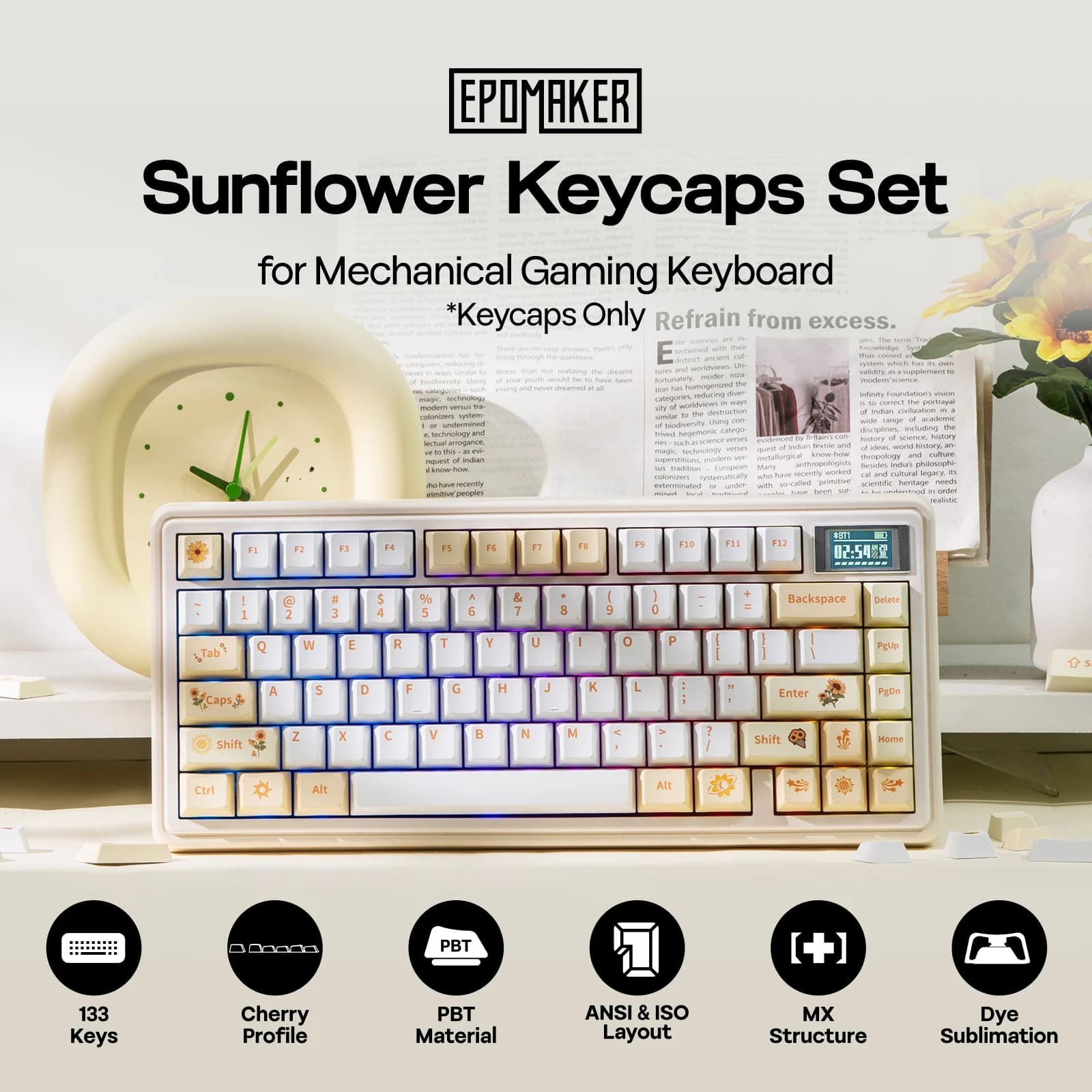Set of EPOMAKER Sunflower 133 Profile Cherry PBT Keys with Sublimation for Gaming Mechanic Keyboard with Printed Legends Frontally