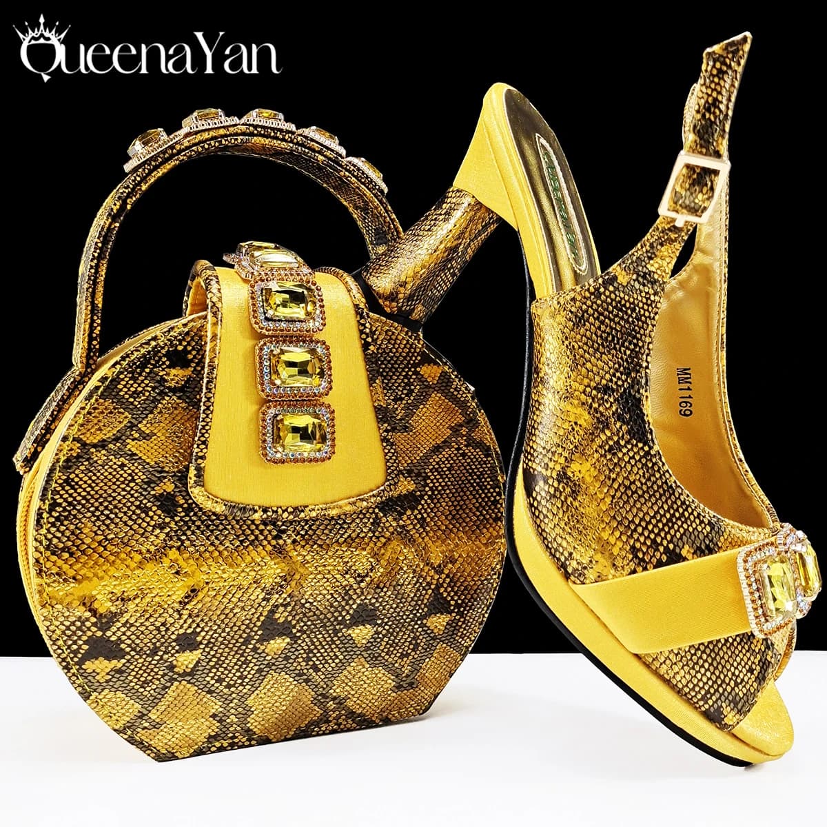 Queena Yan Nuove scarpe da festa e borse da donna italiane di lusso Set eleganti sandali con strass dorati con tacchi alti aperti da sposa