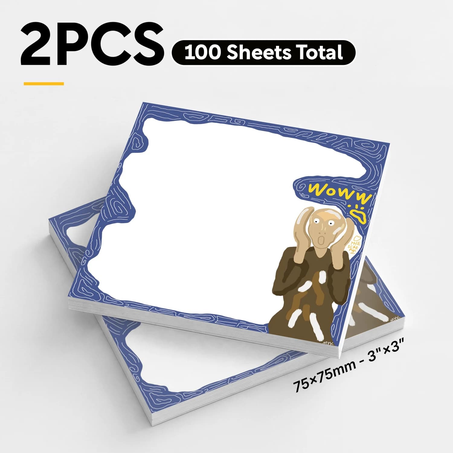2pcs Funny Art Sticky Notes, Creative Self Stick Memo Pads, 100 Sheets Total, Aesthetic Notepad, Removable Adhesive Notes for