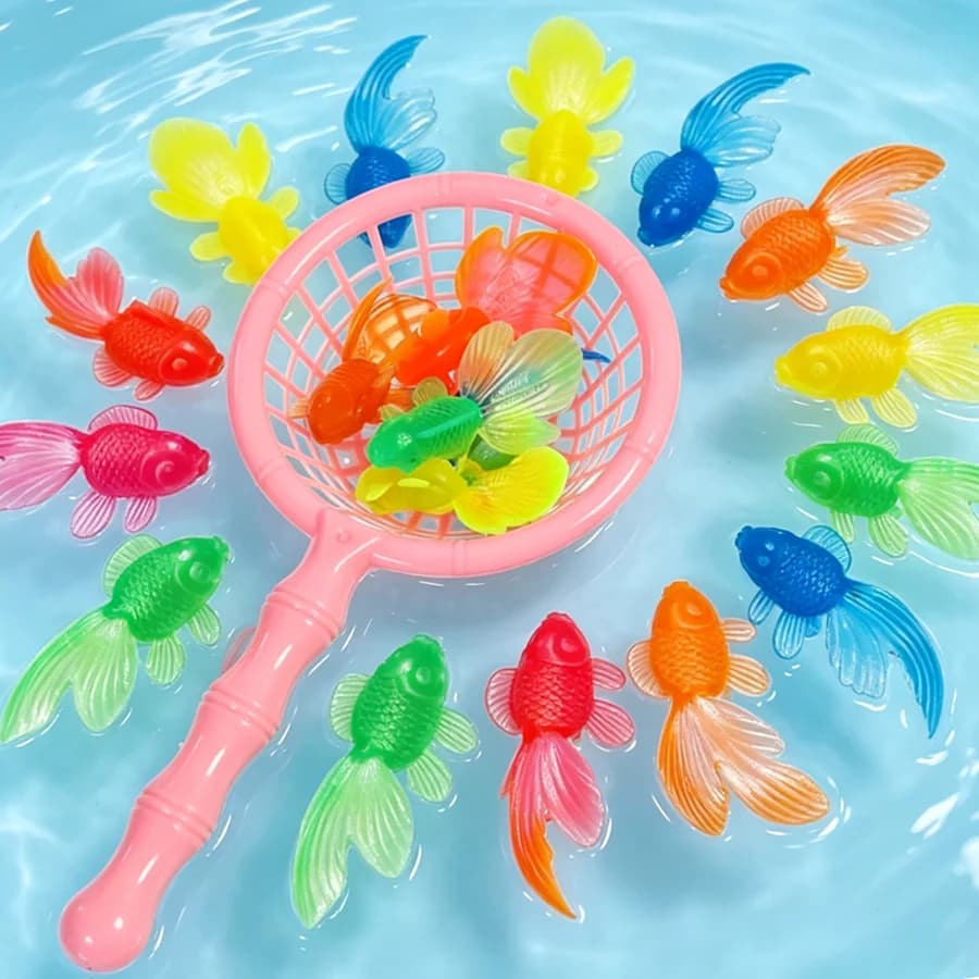 Set di 9/18 Pezzi con Pesciolini Dorati Galleggianti e Rete da Pesca, Giocattolo per Gatti, Decorazione per Feste Estive, Ornamento da Scrivania, Acquario, Piscina, Vasca da Bagno XJM