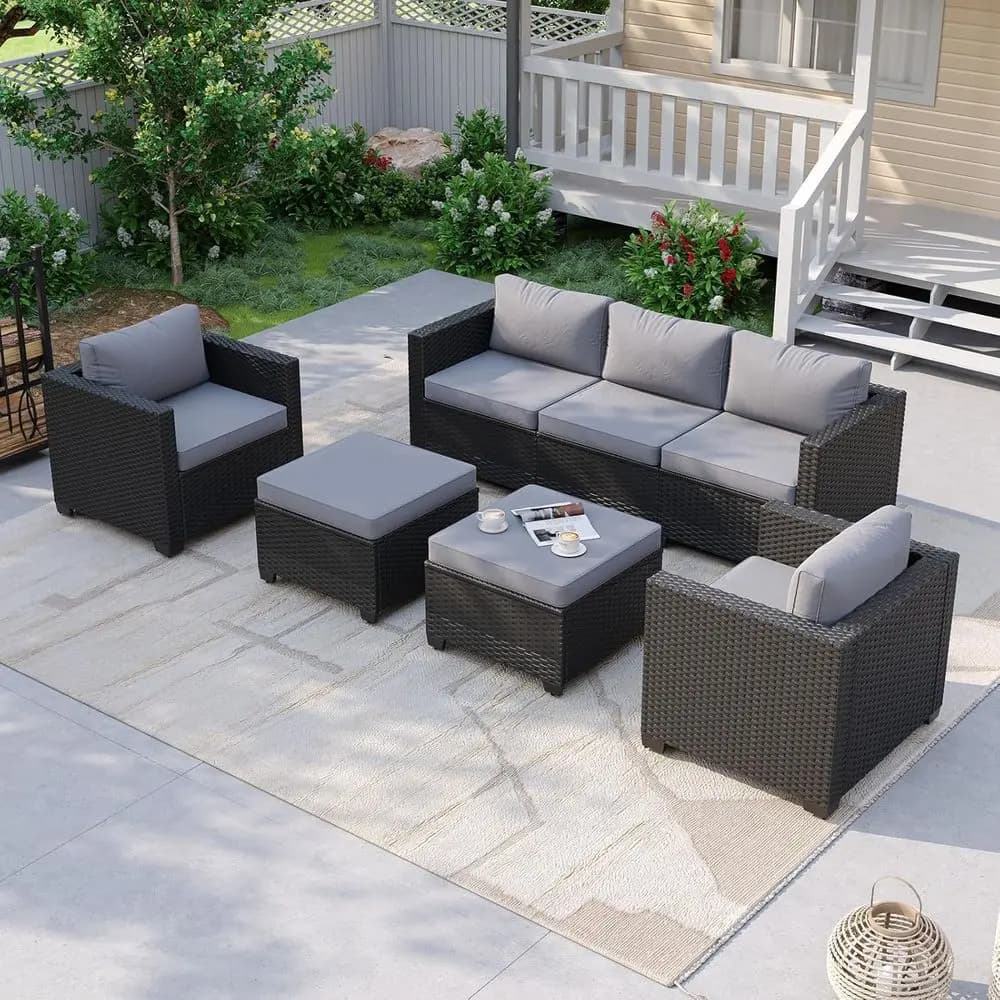 Set di divani componibili da esterno in 5 pezzi con pouf, mobili da giardino in vimini grigio con copertura impermeabile