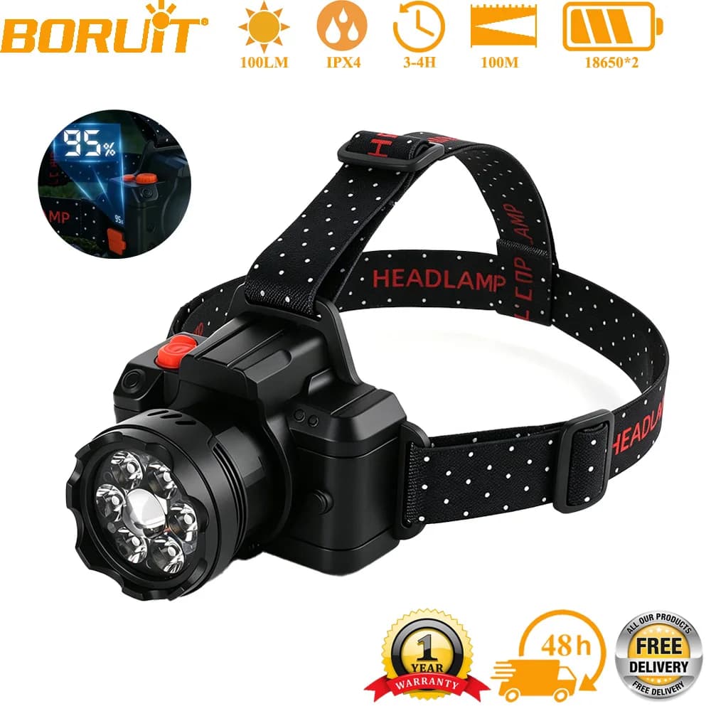 BORUiT 7 LED Ultra Bright Induction Headlamp USB Rechargeable Digital Display Head Light for Camping Fishing Outdoor Hiking