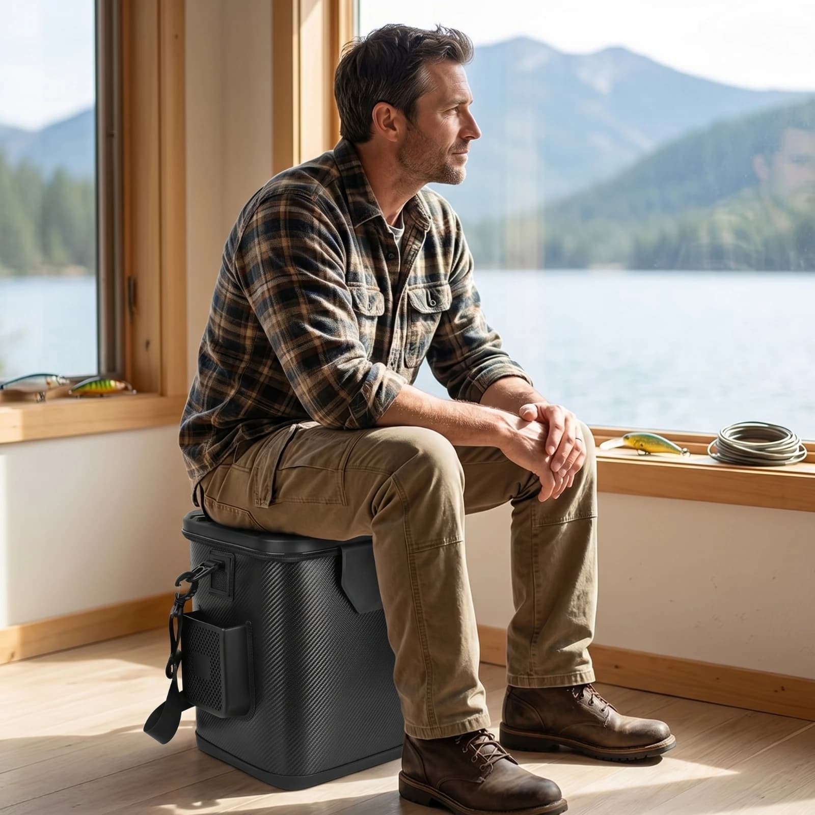 Hard-Lid Fishing Container Stable Fishing Container with Rod Holders Tackle Box Easy to Clean Waterproof for Anglers