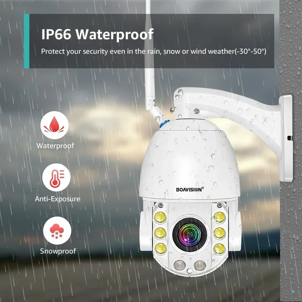 Telecamera di Sicurezza BOAVISION 4K 8MP 5MP in Metallo Robusta WIFI POE 4G con Zoom 30X, IR 120M, Audio, PTZ e Rilevamento Movimento