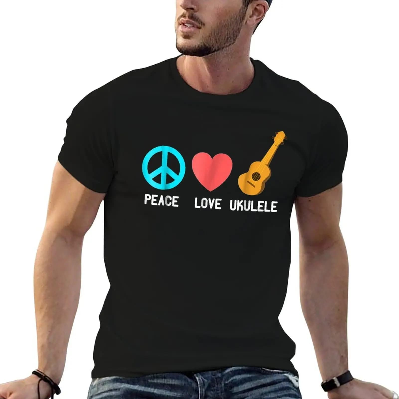 Ukulele - T-shirt grafica Peace Love Ukelele Uke Love, t-shirt in cotone da uomo, t-shirt da uomo con grafica