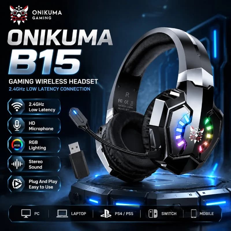 ONIKUMA B15 Gaming Headset Wireless 2.4GHz RGB Headphones HD Microphone Stereo Sound Long Battery Life For PC Laptop Console
