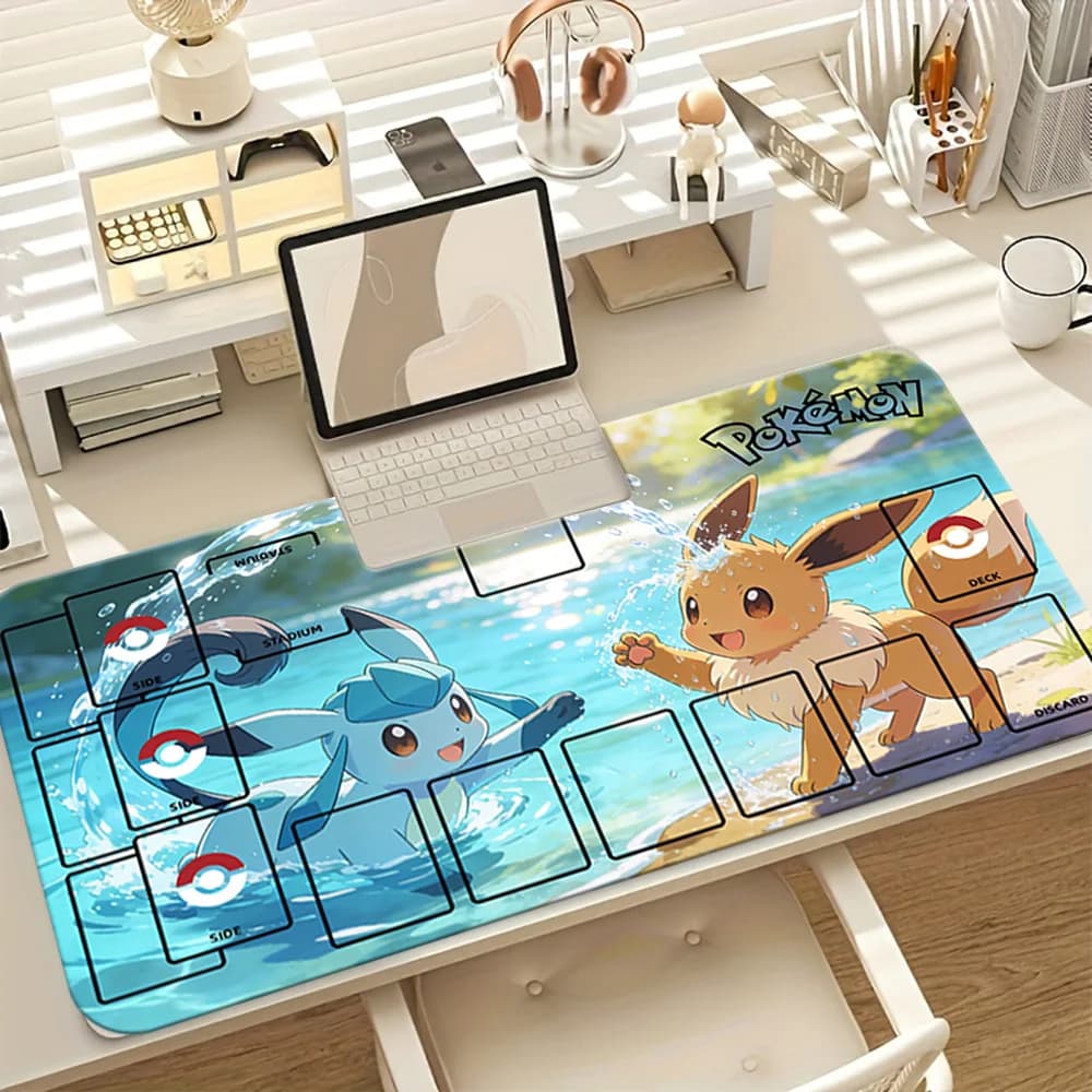 Tappetino da Gioco Glaceon Eevee Beach Pokemon TCG, Grande Tappetino per Mouse con Zone per Carte, Tappetino Antiscivolo per Giochi di Carte Collezionabili