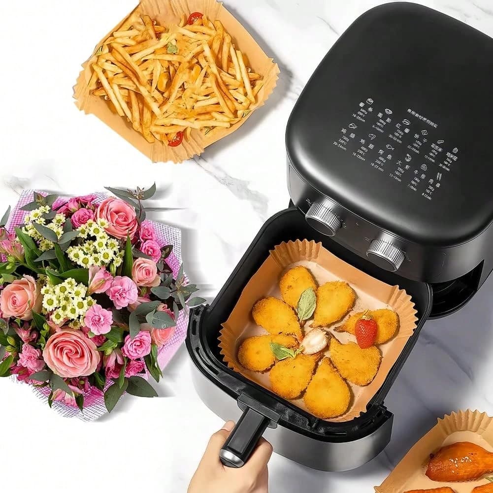 Carta Antiaderente Monouso per Friggitrice ad Aria, 50/100 Pezzi, Rivestimento Circolare Antiaderente Impermeabile e Resistente all'Olio, Accessori da Cucina