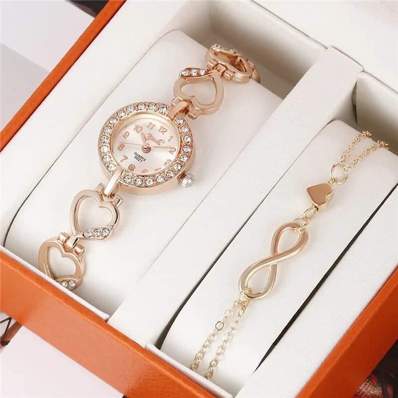 Nuovi orologi di lusso di moda per donna Set di braccialetti Orologi da donna Orologio da polso al quarzo in acciaio inossidabile con cuore per regali Reloj Mujer