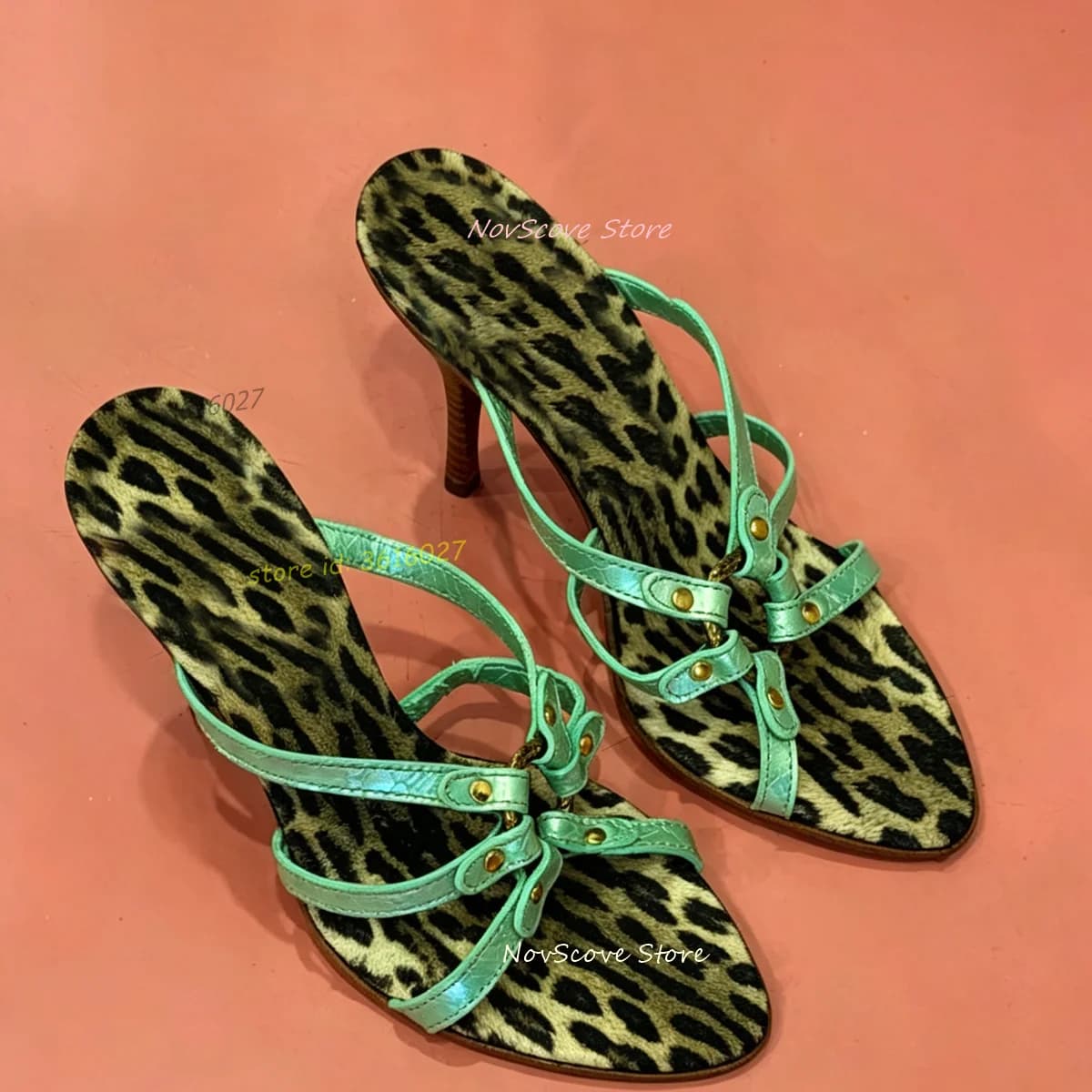 Open Toe Leopard Fashion Slippers Strappy Slip On Sexy Women Summer Cutouts Sandals Stiletto High Heels Sexy Women Shoes