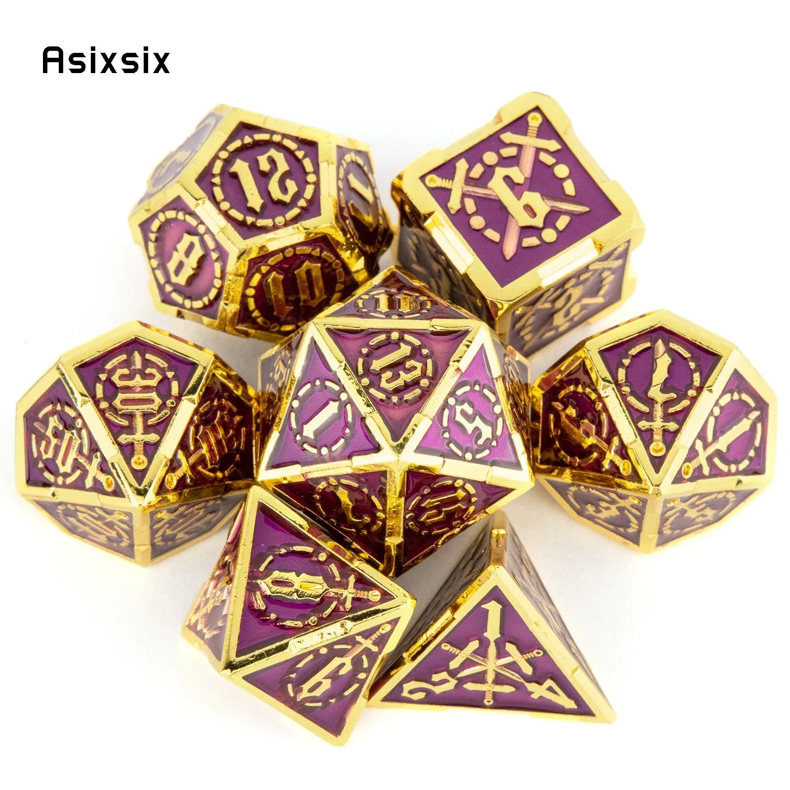 Set di 7 Dadi Metallici a Forma di Doppia Spada Dorata e Viola, Dadi Poliedrici Solidi Adatti per Giochi di Ruolo e Giochi da Tavolo