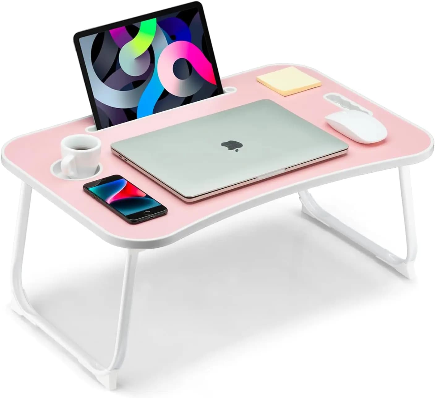 Tavolino Pieghevole con Portabicchieri e Slot per Tablet, Tavolo Portatile da Letto per Lavoro, Scrittura, Disegno, Pasti - Rosa