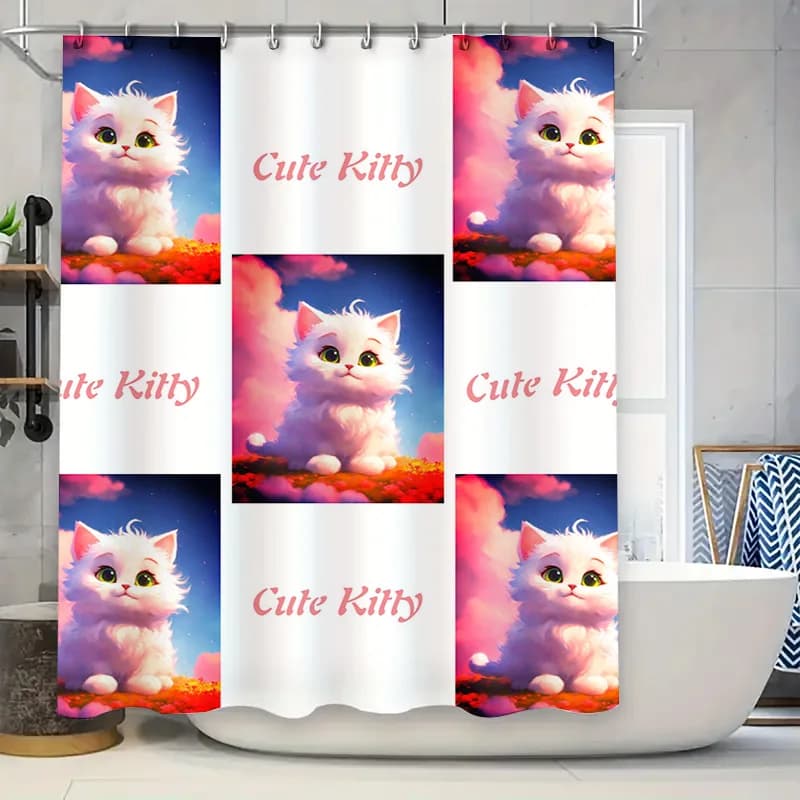 Adorabile tenda da doccia per gattino Gatto rosa con occhi scintillanti Ideale per la decorazione del bagno: aggiungi un tocco di stravagante