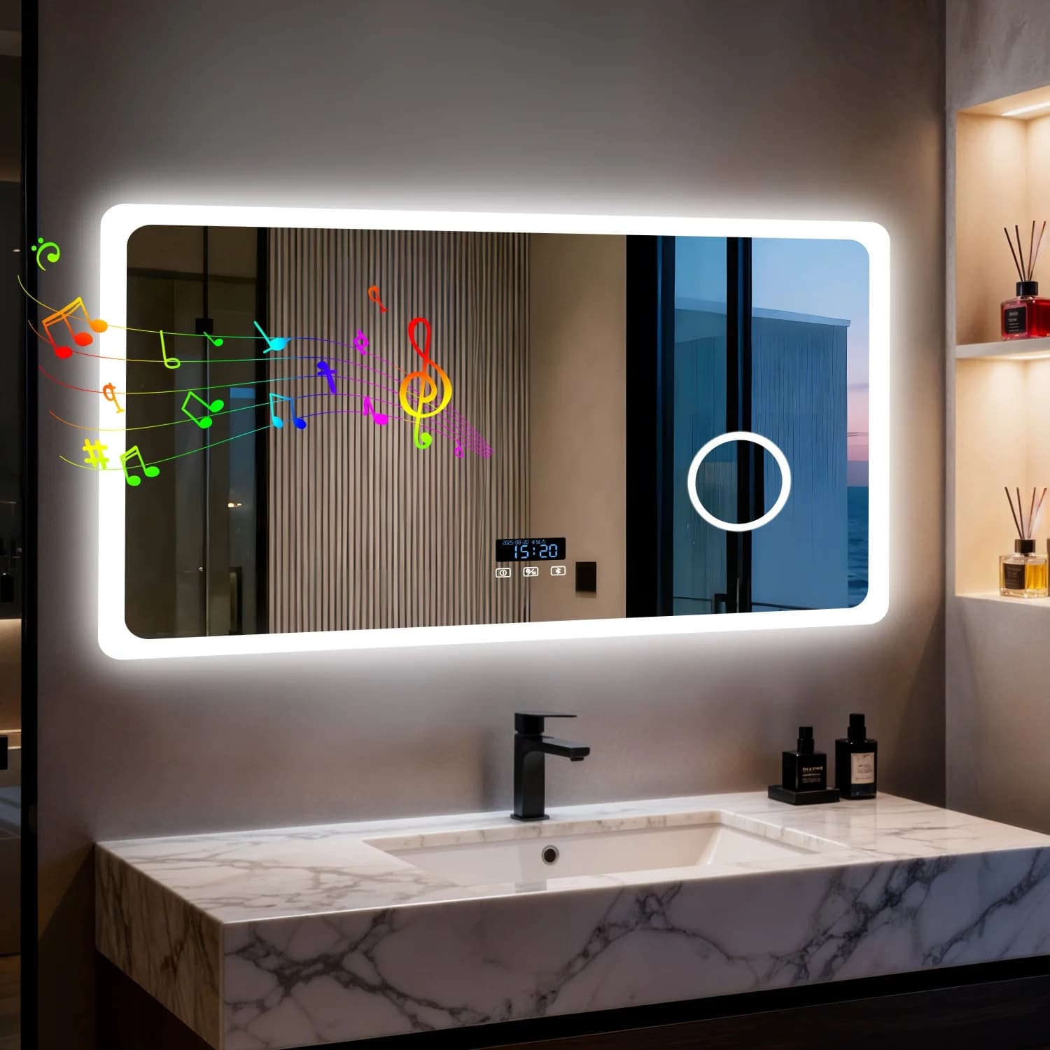 Specchio da bagno a LED 80/100/120/CM con specchio cosmetico retroilluminato dimmerabile Bluetooth con lente d'ingrandimento 3X e display