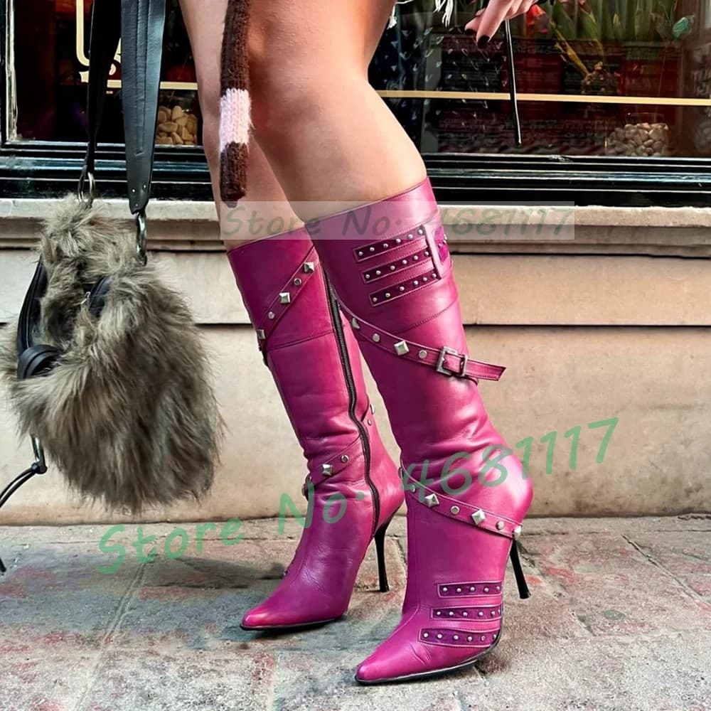Fuchsia Rivets Belt High Heels Boots Women Trends Sexy Pointed Toe Stiletto Knee High Boots Luxury Party Side Zipper Dress Shoes