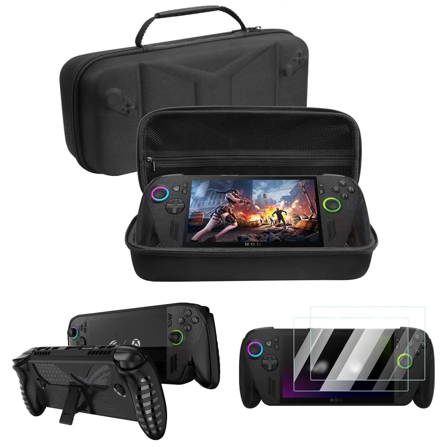 Pacchetto Protezione 4-in-1 per Rog Xbox Ally X 2025 - Custodia in TPU con Supporto e Borsa per il Trasporto e 2x Vetro Temperato, Compatibile con