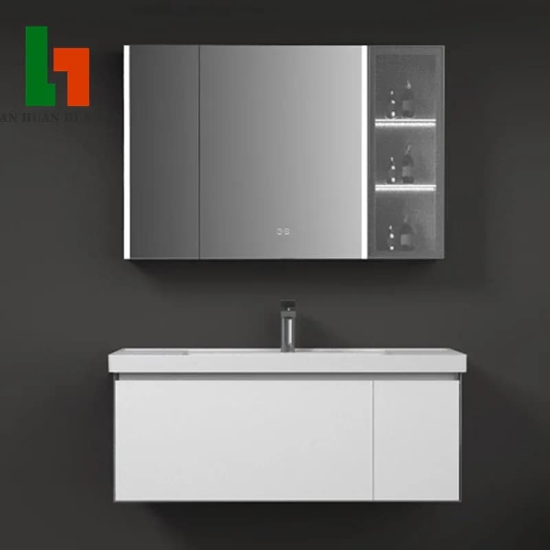 Mobile Bagno Moderno con Specchio Intelligente, Armadietto a Muro in Legno Resistente all'Acqua, Lavabo, Accessori per Specchio Intelligente, Piano in Marmo