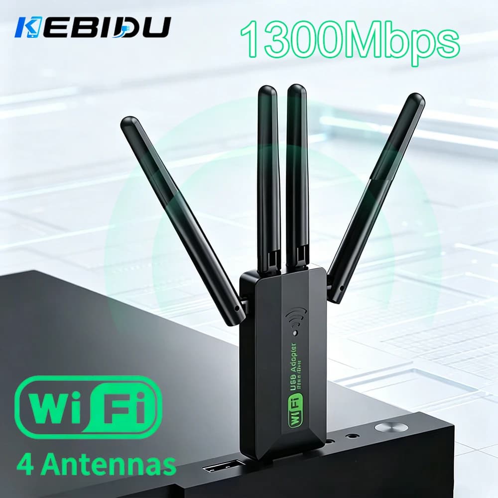 KEBIDU 1300Mbps USB3.0 Dual Band WiFi USB Dongle 2.4G+5GHz 4 Antenna Driver Free Wireless Network Card For PC Laptop Win10/11
