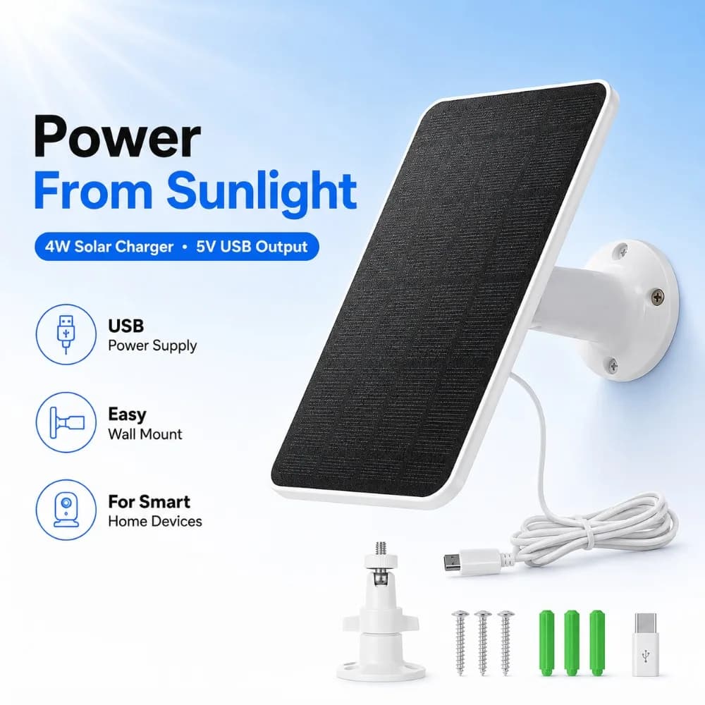 Outdoor 4W 5V Solar Panel Charger, Monocrystalline Silicon USB Power Supply for Security Cameras, Doorbell & Smart Home Devices