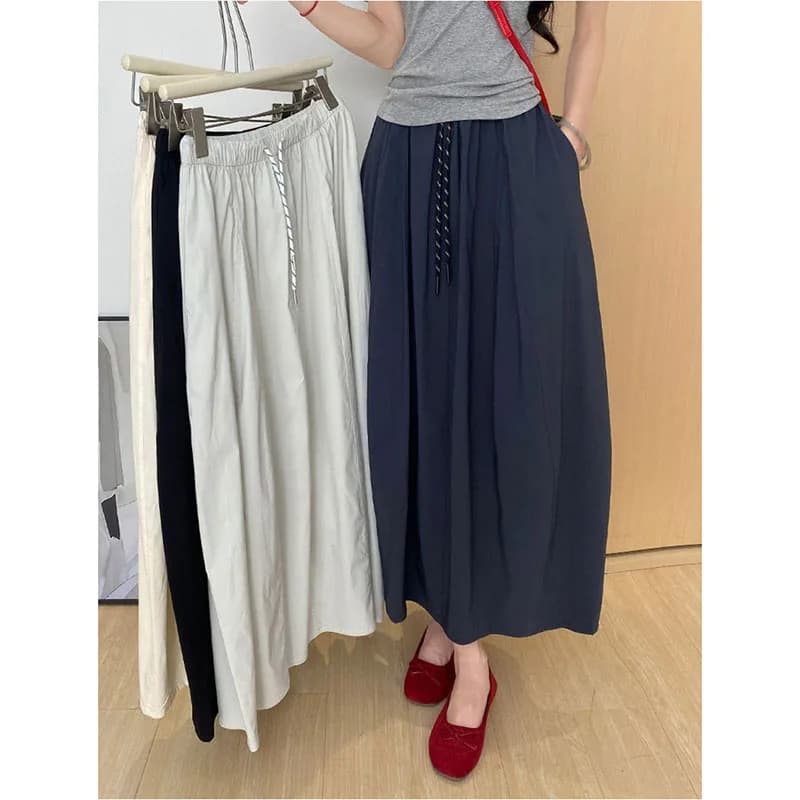 Harajuku Loose Oversized Long Skirts Women Summer Quick Drying Ice Silk Midi Skirt Female Solid Color Versatile Casual Skirts