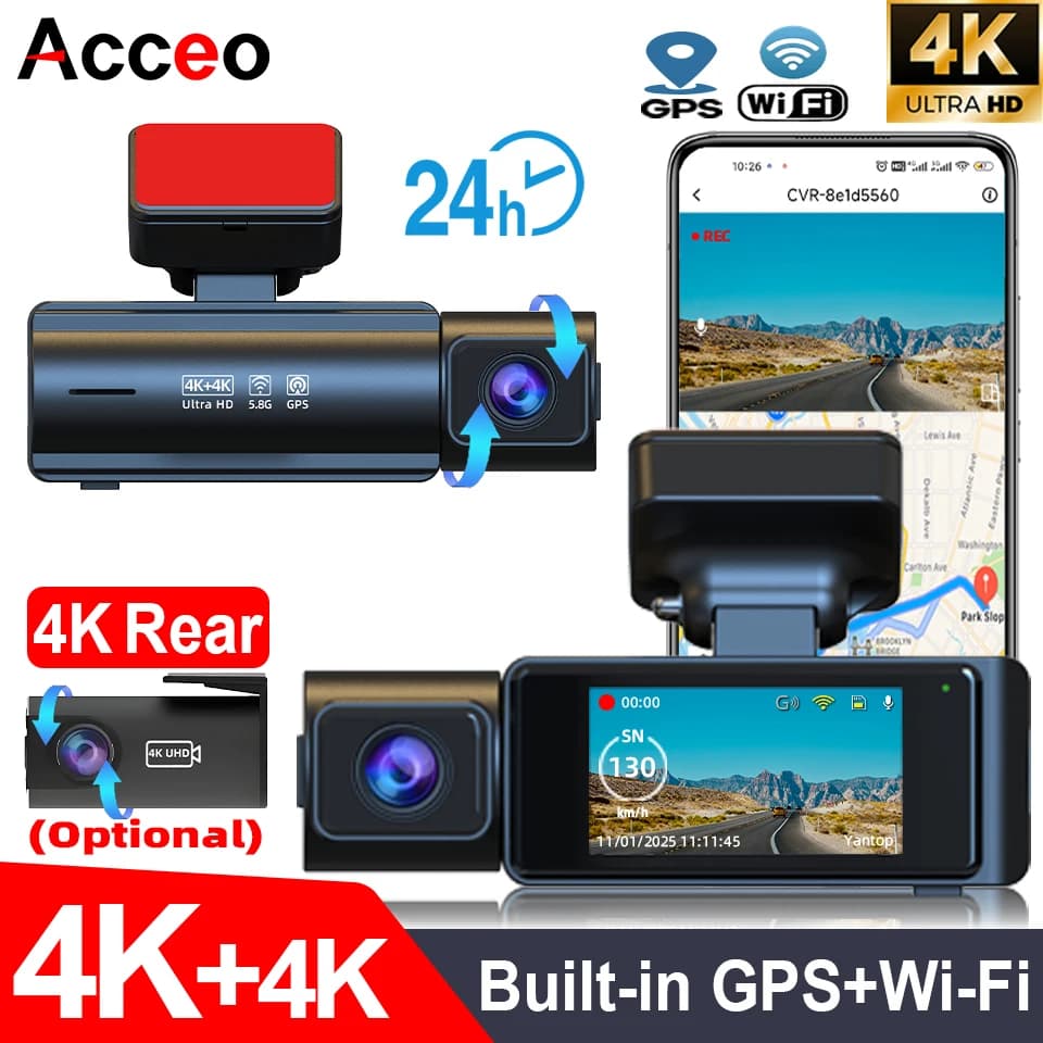 Telecamera da cruscotto 4K Ultra HD a 2 canali con GPS e WiFi, monitoraggio parcheggio 24h, visione notturna, obiettivo ruotabile, opzione telecamera posteriore 4K